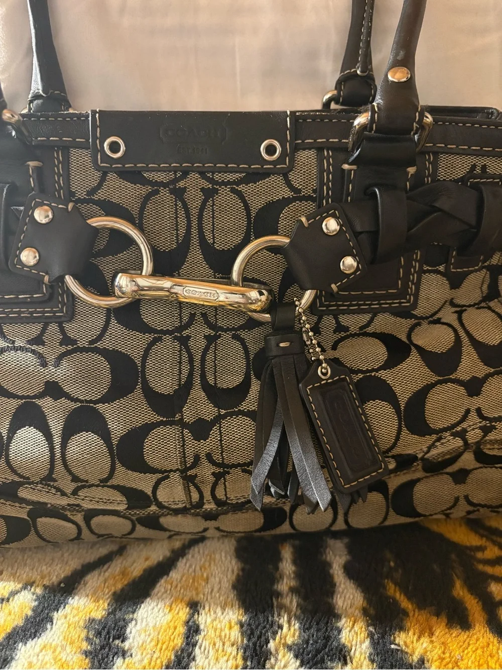 Coach Monogram Satchel in Black and Tan